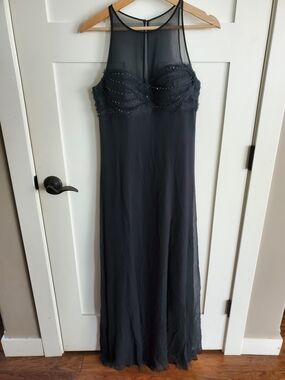 Robert Rodriguez Black Evening Maxi Dress SheerOverlay Mesh Detail Beaded Formal